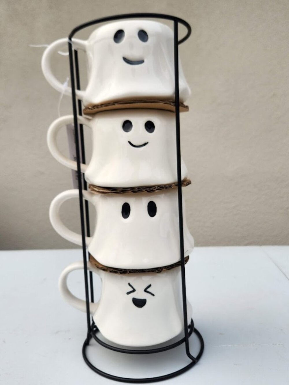 NEW Ceramic Ghost Mugs Mug Set of 4 Stacking Stackable White Stoneware Can hold